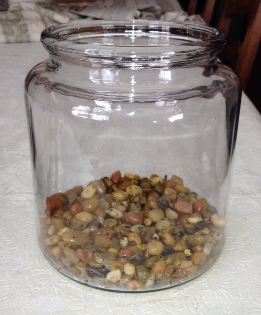 Large glass terrarium jar with a thin layer of pebbles.