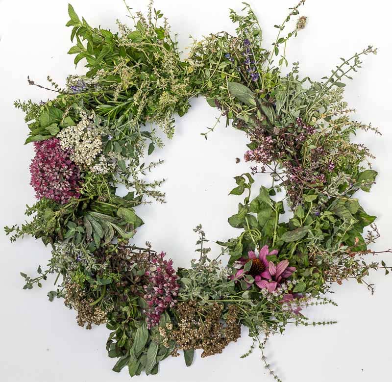 Harvest Wreath with fresh herbs and flowers.