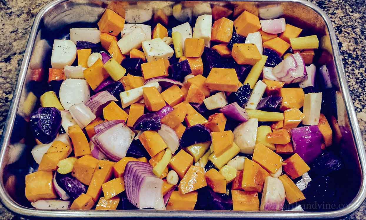 Roasted fall vegetables is the perfect side dish. It tastes great, and is also very pleasing to the eyes with all the bright colors of the season.