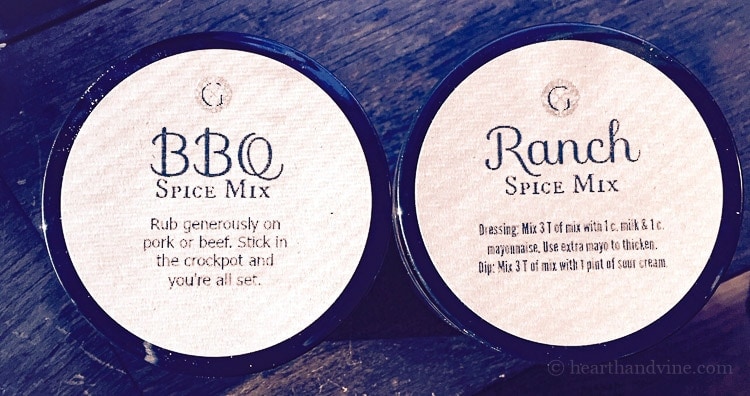 A recipe for a great BBQ and Ranch spice mix to give out as a gift. The post includes free printables for both mixes and a gift tag.