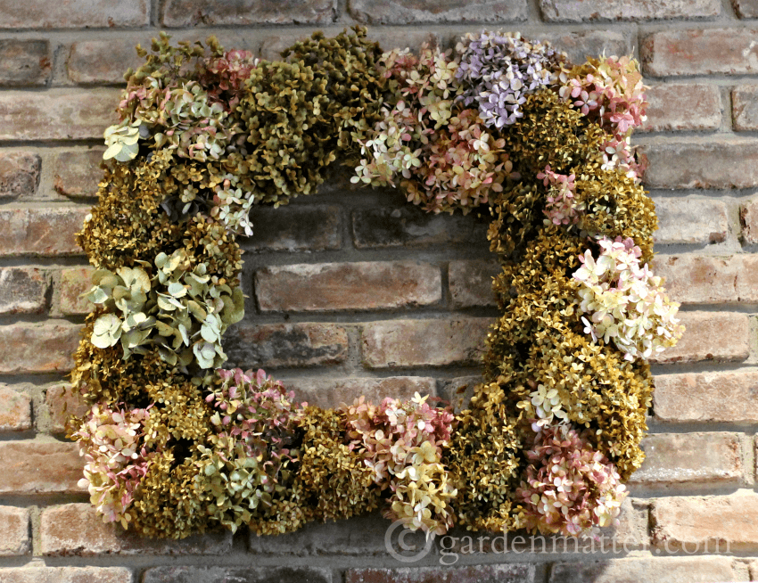 square hydrangea wreath~ decorating with hydrangeas ~ gardenmatter.com