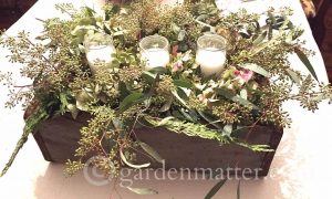 Dried Hydrangea, Cedar & Seeded Eucalyptus centerpiece