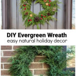 Decorated evergreen wreath over a plain evergreen wreath.