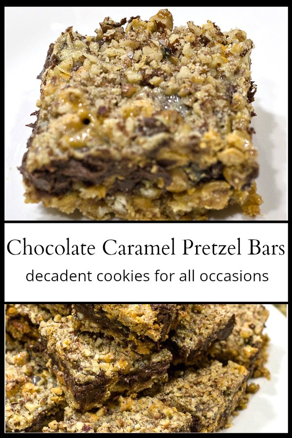 Chocolate caramel pretzel bar and a stack of them below.