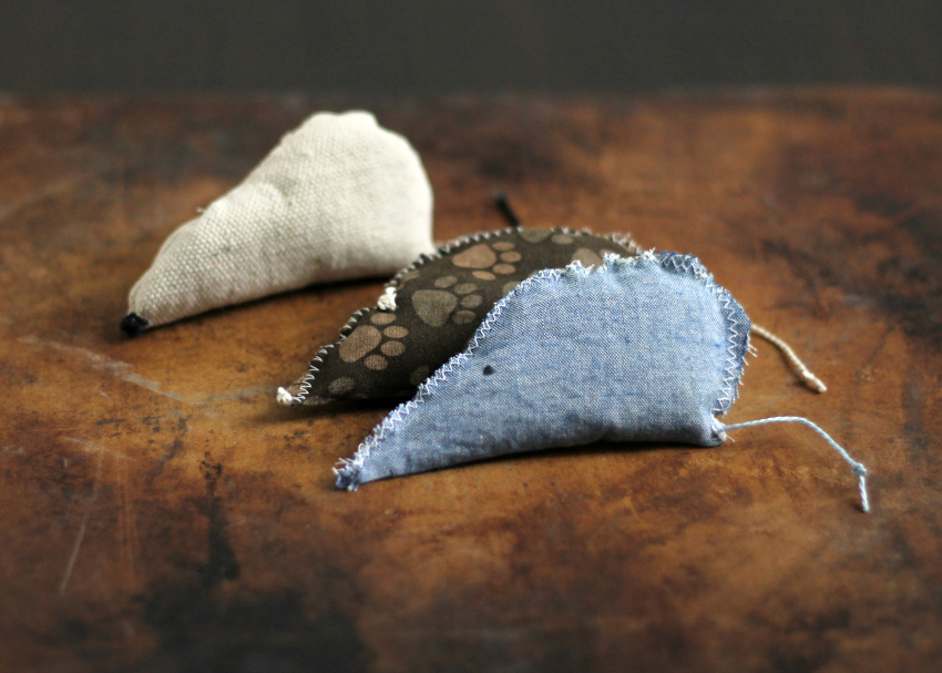 Three homemade fabric catnip mice