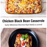 Mexican chicken and black bean casserole pan over a plated portion.