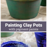 Green and yellow pigment on a clay pot over a pot with cobalt pigment and a plate with cobalt paint and a brush.