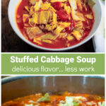 Bowl of cabbage roll soup over a pot of same soup.