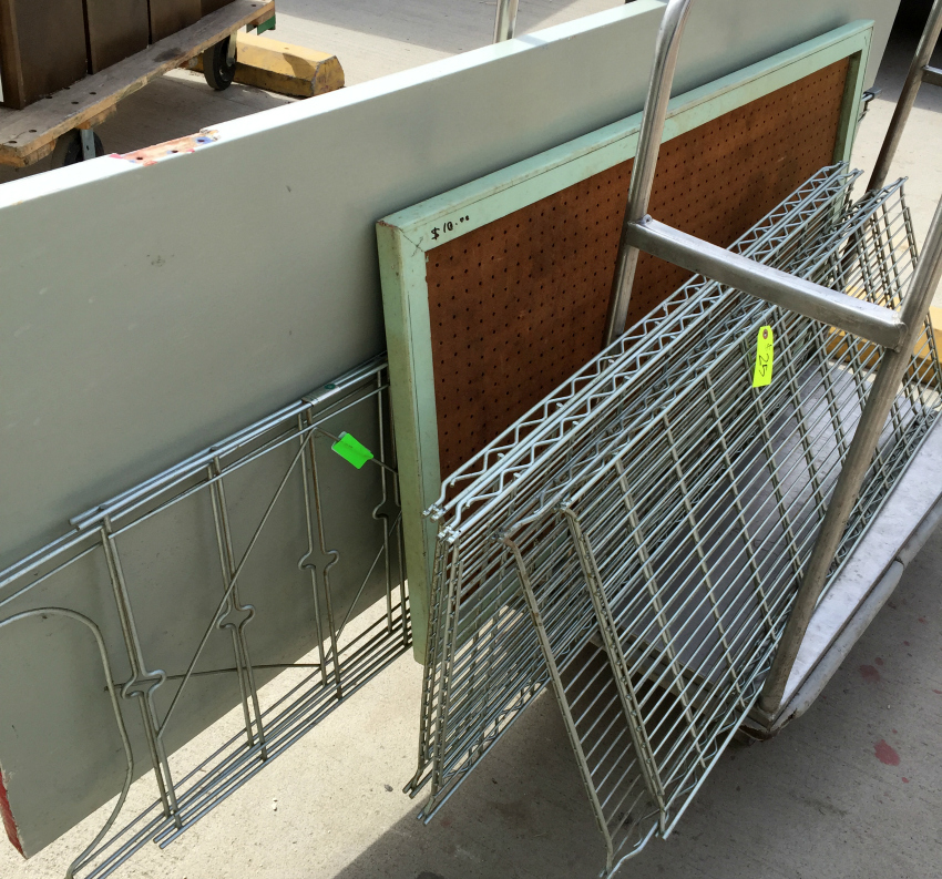 Door, pegboard and metal shelf on trolley