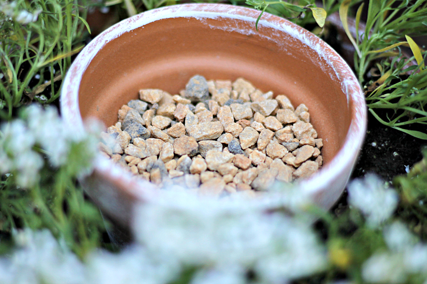 Gravel in small terra cotta pot