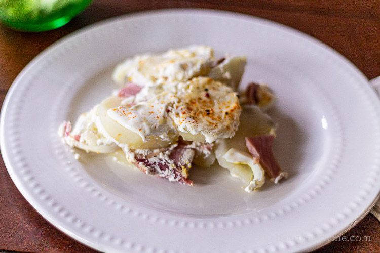 Serving of leftover egg, ham and potato casserole