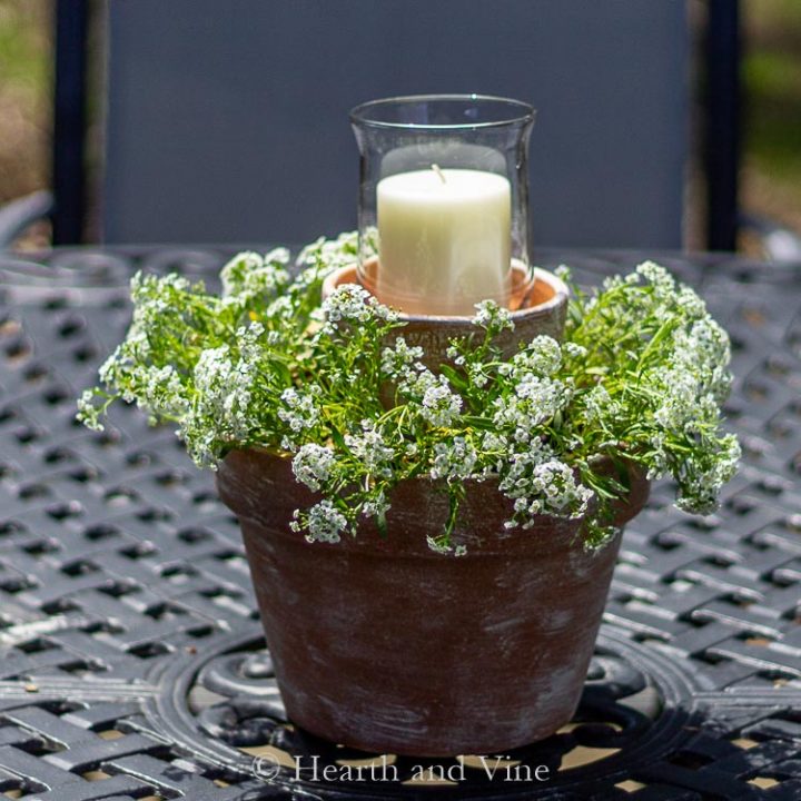 Centerpiece plant with clay pots and a candle