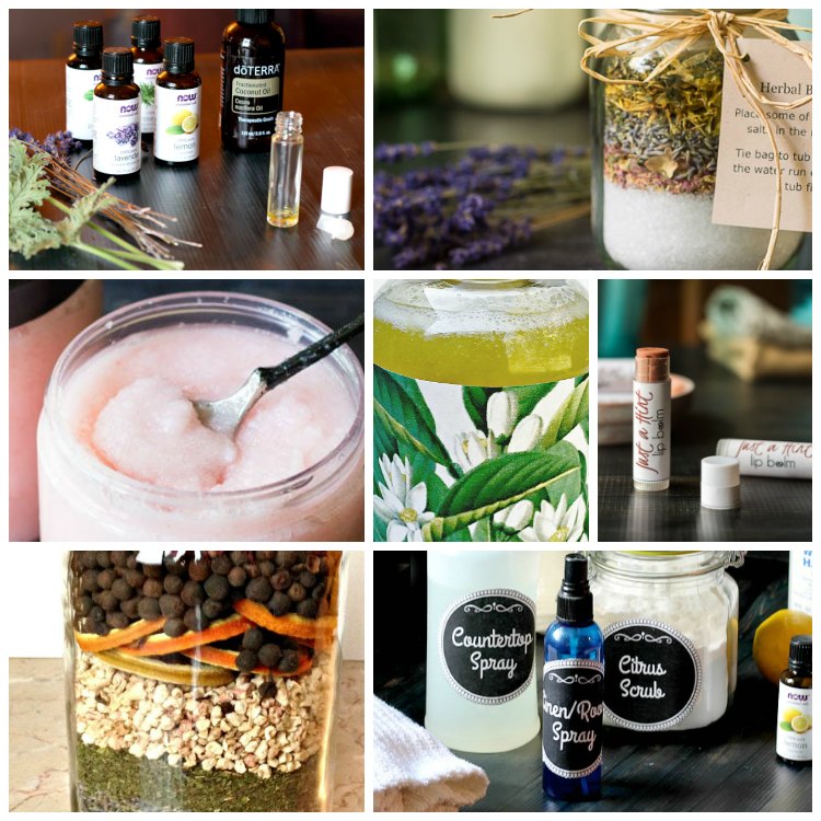 Collage of essential oil projects including potpourri jars, room spray, sugar scrub and more.