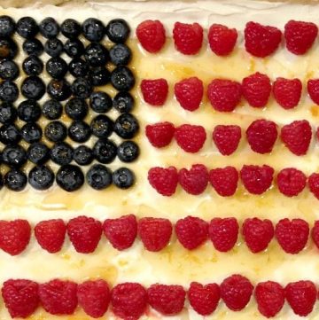 Flag fruit tart with blueberries and raspberries.