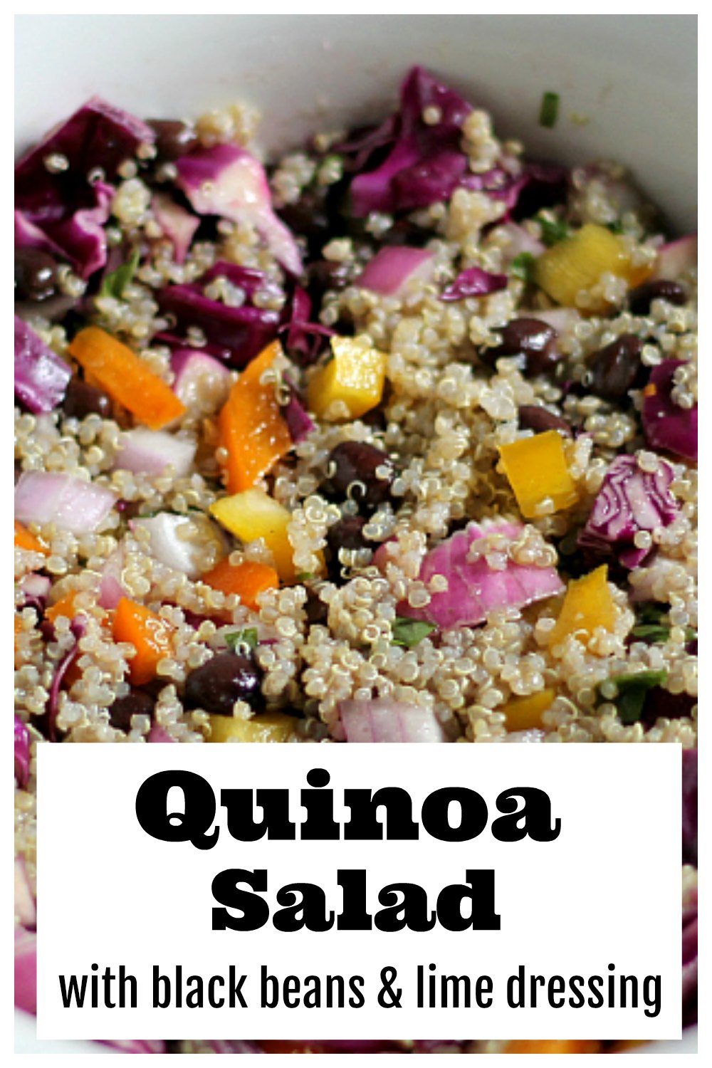 Close up of quinoa salad with text overly 