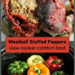 Meatball stuffed pepper over a slow cooker filled with colored bell peppers.
