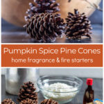Waxed scented pumpkins over supplies including wax, pinecones, and extract.