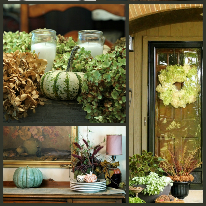 Collage of images from fall home tour including a table centerpiece, partial view of front door and dining buffet.