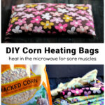 Floral patterned corn bag over supplies including bag of corn, fabric scraps and measuring tape.