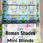Colorful printed fabric made into a Roman shade hanging in the window.