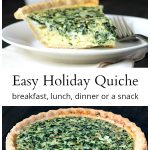 slice of spinach quiche and whole pie