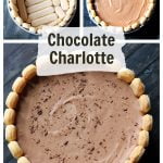 Three images. Top left is a springform pan lined with lady fingers. Top right shows the pan filled with chocolate mousse. Bottom is the finished chocolate charlotte cake.