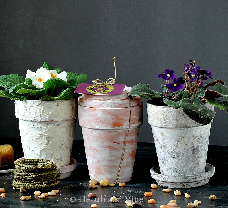 Three decorated terra cotta pots to look aged.