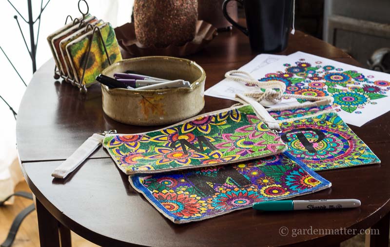 3 coloring bags on table ~ adult coloring bags ~ gardenmatter.com