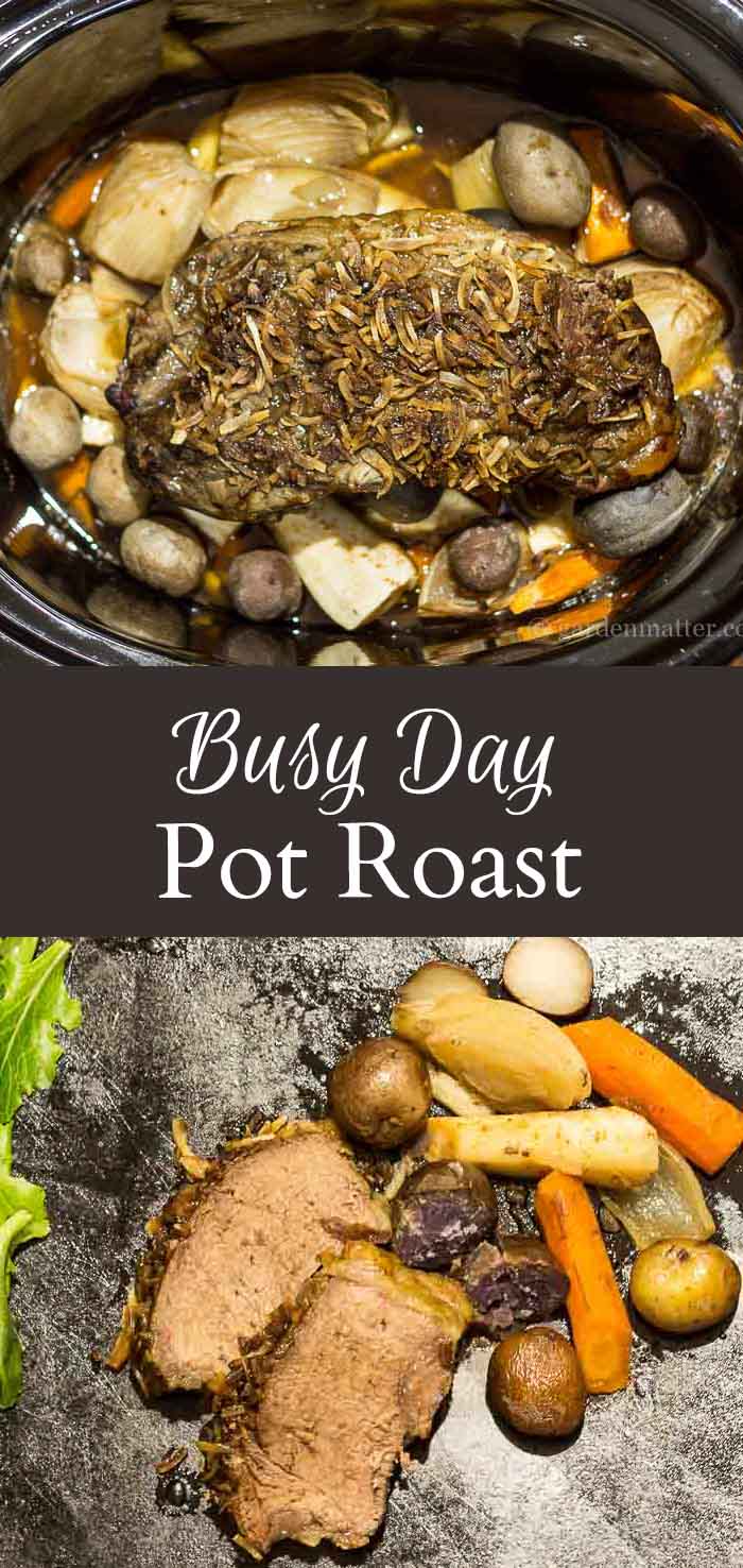 This slow cooker pot roast recipe is hearty with root vegetables to make a complete meal. AKA Busy Day Pot Roast. ~ gardenmatter.com