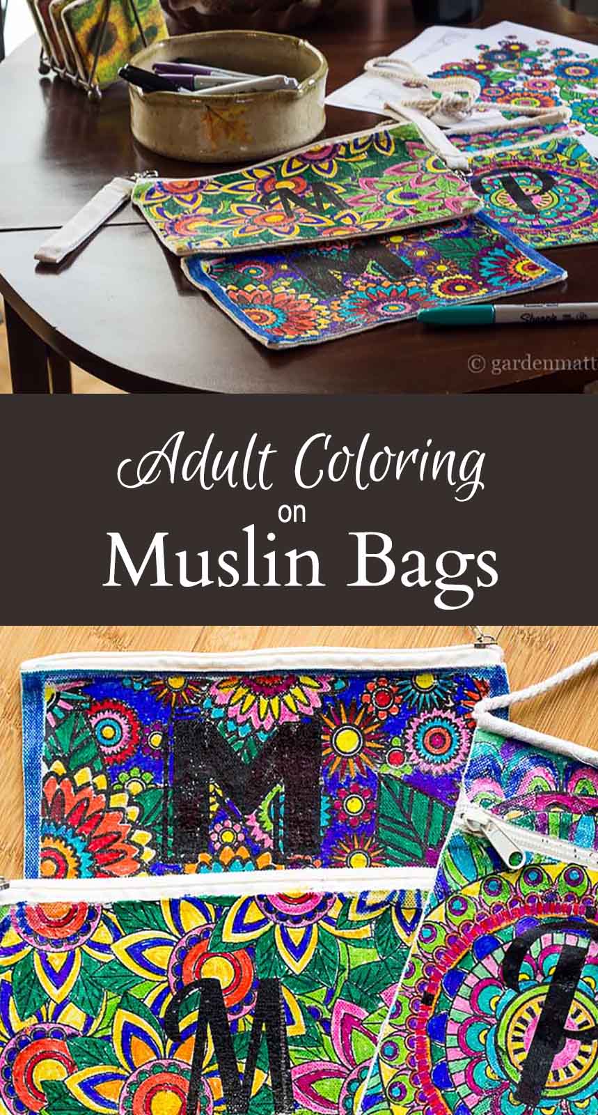 Transfer adult coloring pages onto a canvas bag. This is a fun way to spend time with your girlfriends and give them a special gift too.