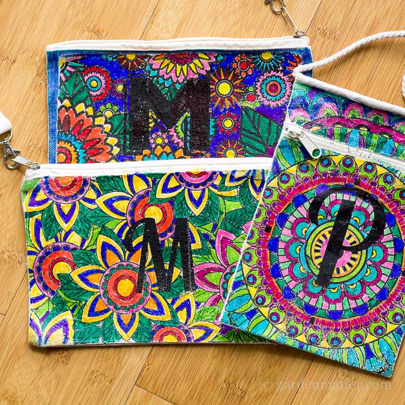 three colored monogrammed bags ~ adult coloring pages