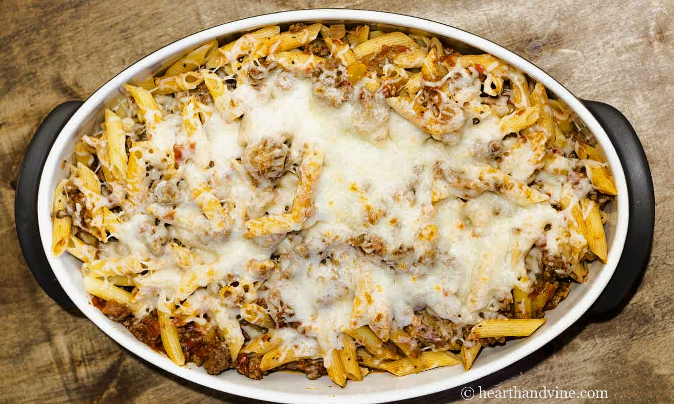 Casserole dish with spaghetti casserole.