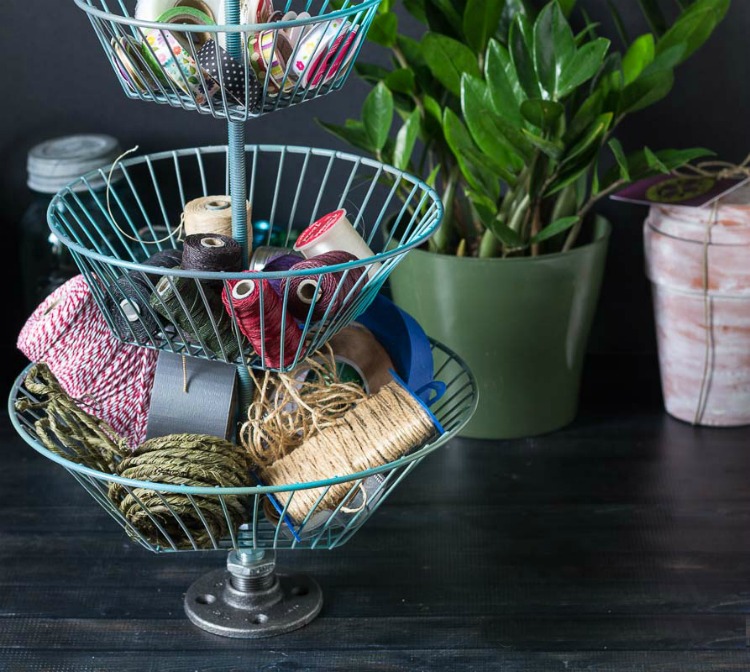 3 tiered basket filled with twine and wire