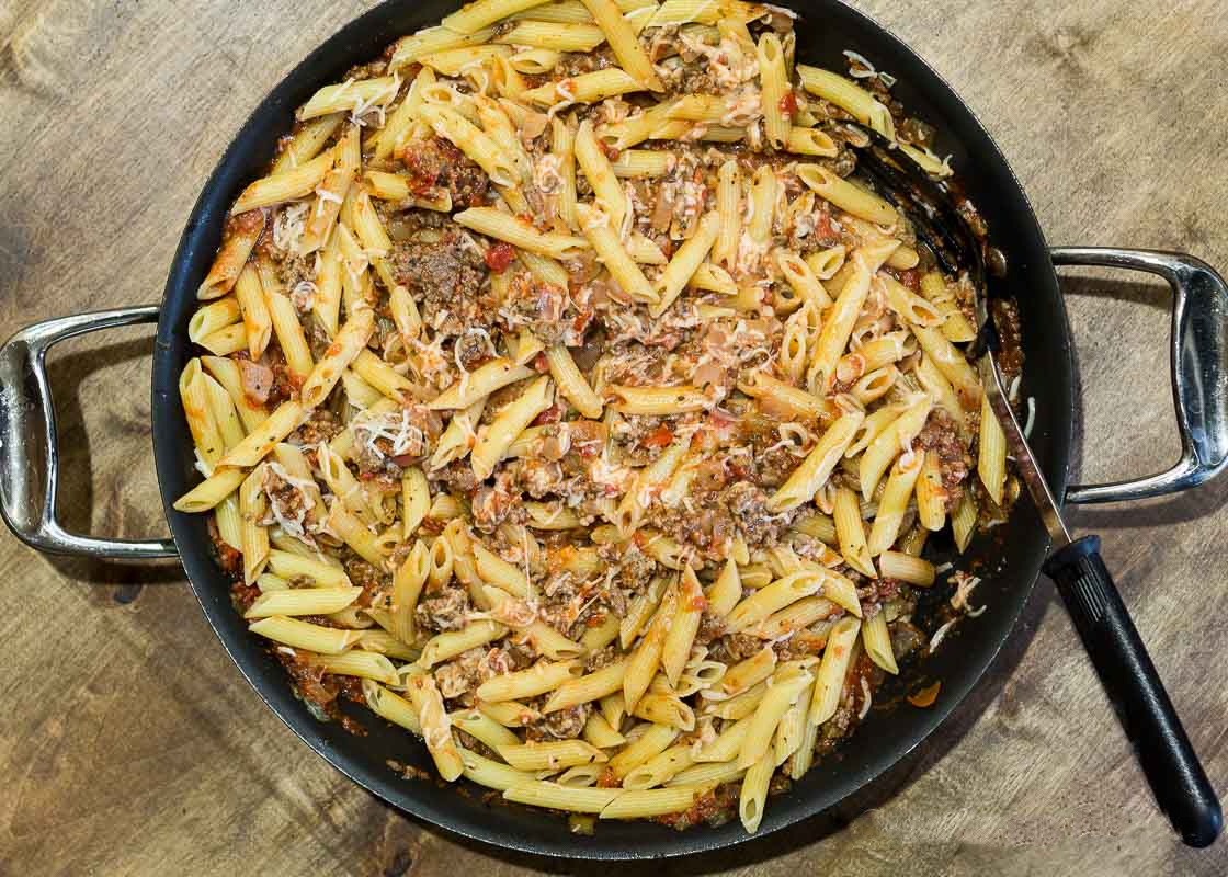 Spaghetti casserole in a pan.