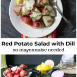 Red potato salad on a plate over ingredients of red potatoes, fresh dill, red onion and fresh lemons.