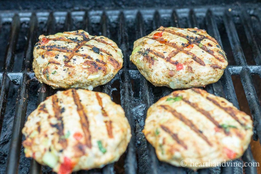 Cooked southwest turkey burgers on the grill