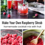 Raspberry shrub cocktail, berries in sugar and straining berries.