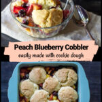 Bowl of peach and blueberry cobbler over a baking pan of the same dessert.