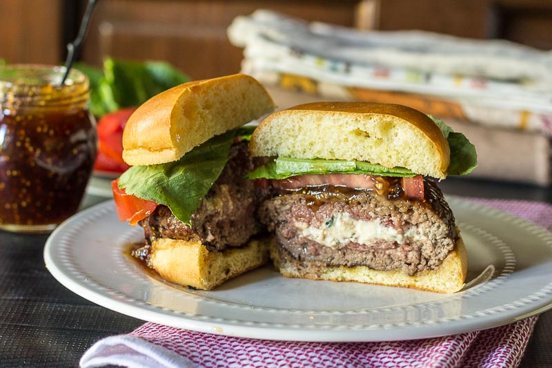 Cooked Blue Cheese Burger Cut in Half 