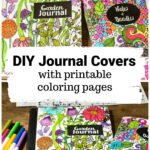 Journal covers with coloring pages on papers and composition books.