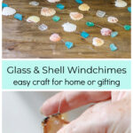 Seashells and sea glass on fishing twine over a hand holding a seashell.