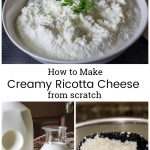 Ricotta cheese in a bowl. Another image of the supplies including milk, lemon, cream and salt and a third image showing the cheese being strained from a pot on a spoon.