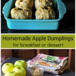 Four apple dumplings in a square baking pan over fresh apples, dough, cinnamon and brown sugar ingredients.