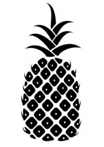A graphic image of a pineapple in black.