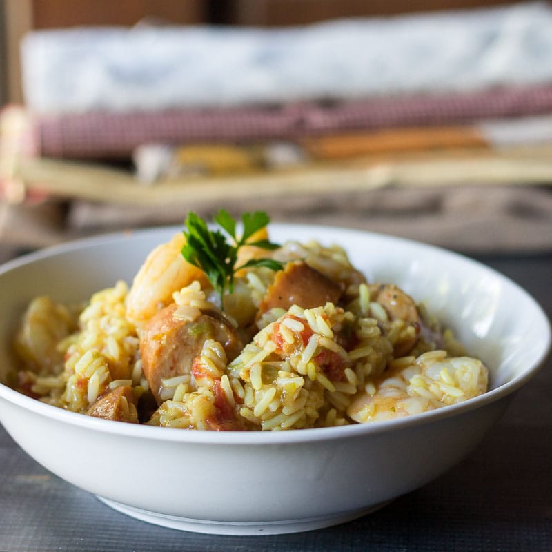 Bowl of one pot seafood jambalaya