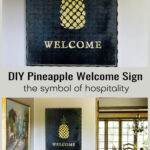Gold graphic pineapple welcome sign over the same sign hung in a foyer.