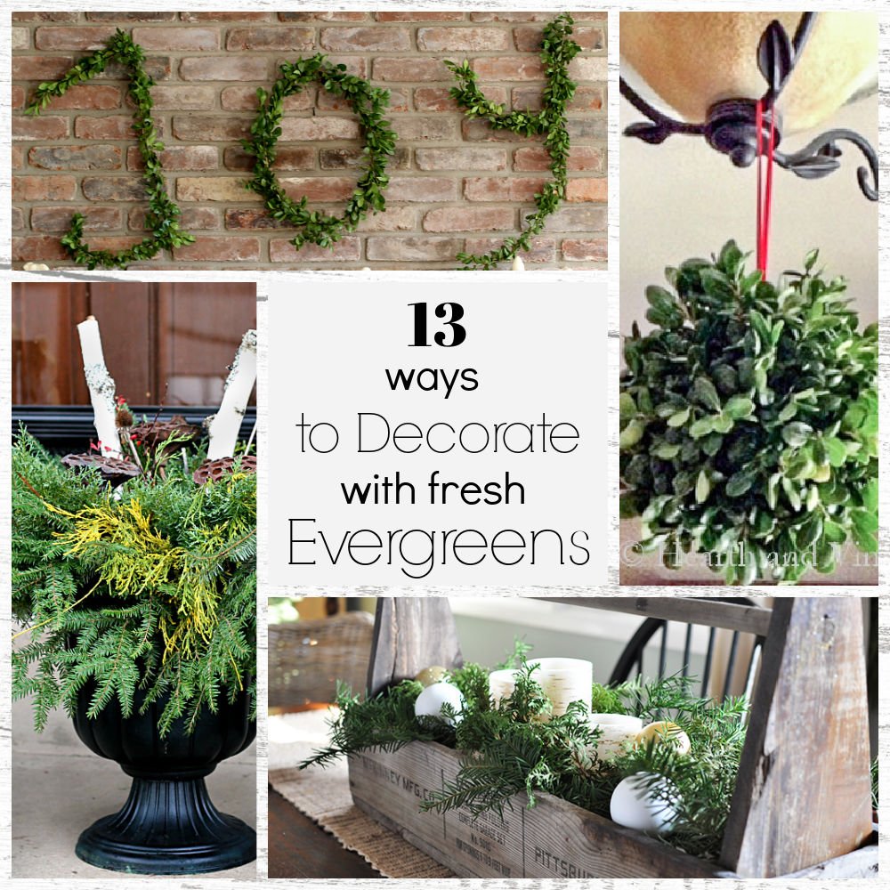 Square collage of evergreen decor, kissing ball, joy letters, planter and centerpiece