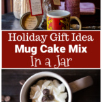 Jar of mug cake mix over an aerial view of a mug with mug cake and whipped cream topped with a few chocolate chips.