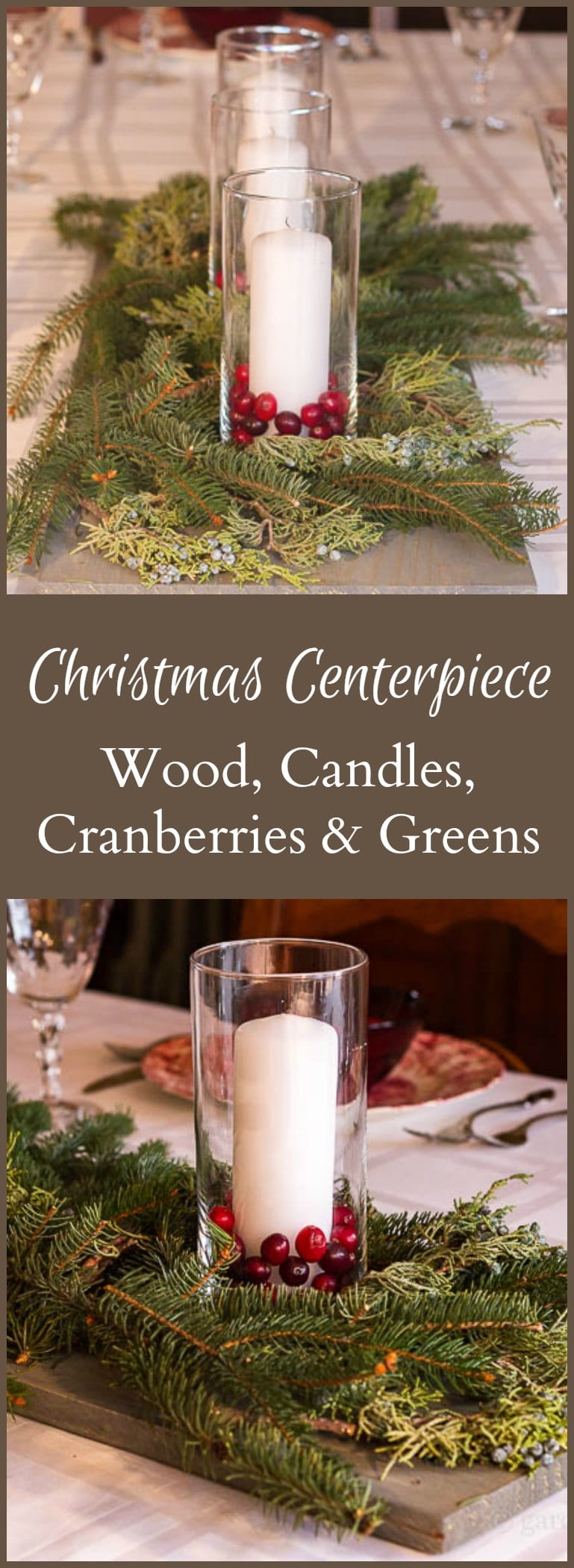Wood, Candle, Cranberry and Fresh Evergreen Centerpiece Hearth and Vine
