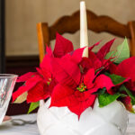 A white vase with a red poinsettia arrangement and a white table candle in the middle.